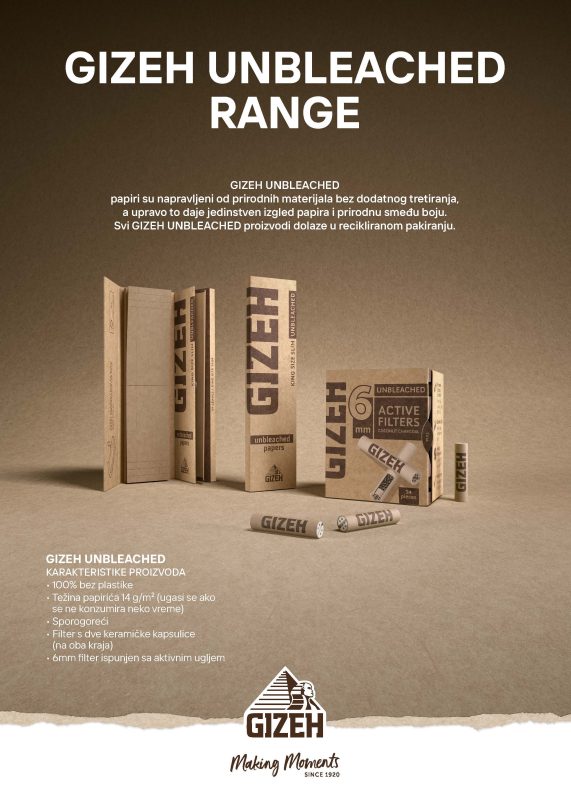 GIZEH UNBLEACHED papiri su napravljeni od prirodnih materijala bez dodatnog tretiranja, a upravo to daje jedinstven izgled papira i prirodnu smeÄ‘u boju. Svi GIZEH UNBLEACHED proizvodi dolaze u recikliranom pakiranju.